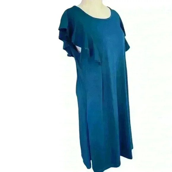 WOOSEA Women's Summer T Shirt Dress Size M/L Teal Ruffle Sleeve Swing Pockets - Picture 3 of 8